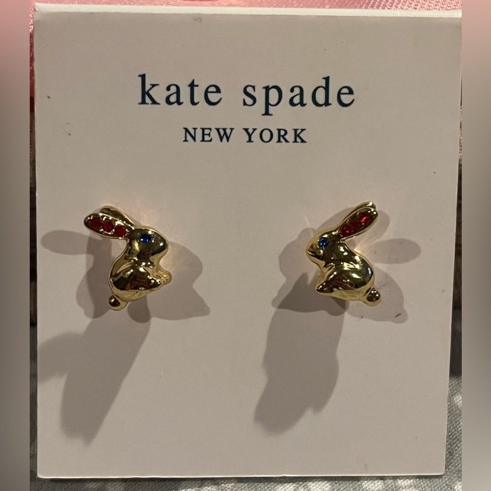 kate spade gold-tone bunny necklace and bunny stud earrings with pink pouch new - Picture 2 of 5